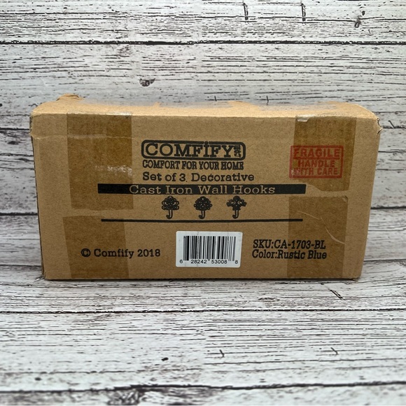 NWT Rustic Blue Cast Iron Wall Hooks. Set of 3. - Picture 3 of 3